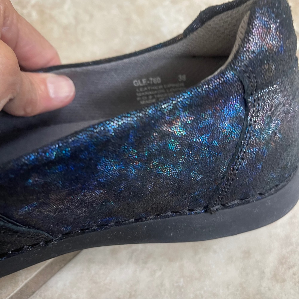 Alegria Black Iridescent Galaxy Leather Slip On Loafers Womens 38 US 8-8.5 euc - Picture 8 of 9